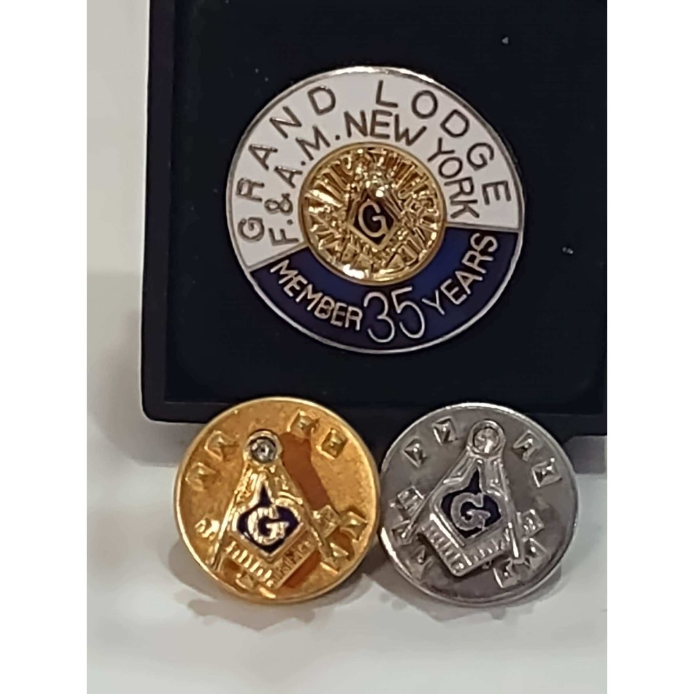 Grand Lodge New York Masonic Pins Lot of 3 35 Year Member F&AM Gold Silver Tone